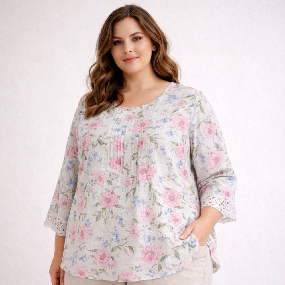 Ella Simone 2X Floral Linen Blend Pintuck Blouse Lace Sleeve Boho Plus Size